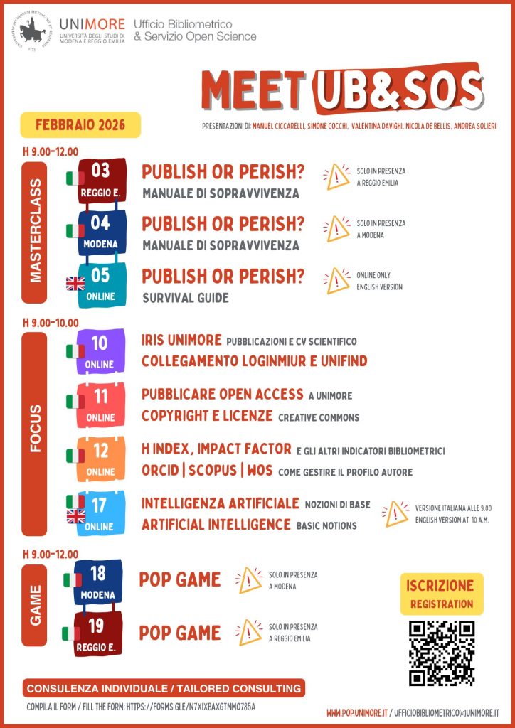Calendario incontri Ufficio Bibliometrico e Servizio Open Science, edizione 2026